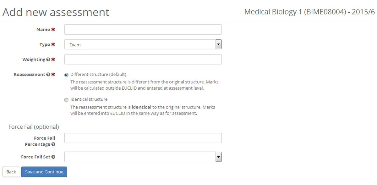 Add new assessment details screen