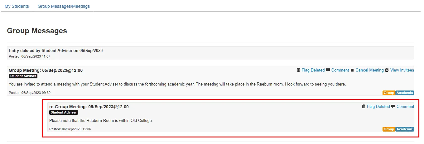Screenshot of group messages/ meetings screen showing note that has been added to group meeting. 