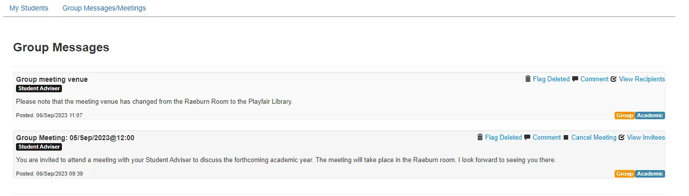 Screenshot of Group Messages/Meetings tab showing a group meeting and a note. 