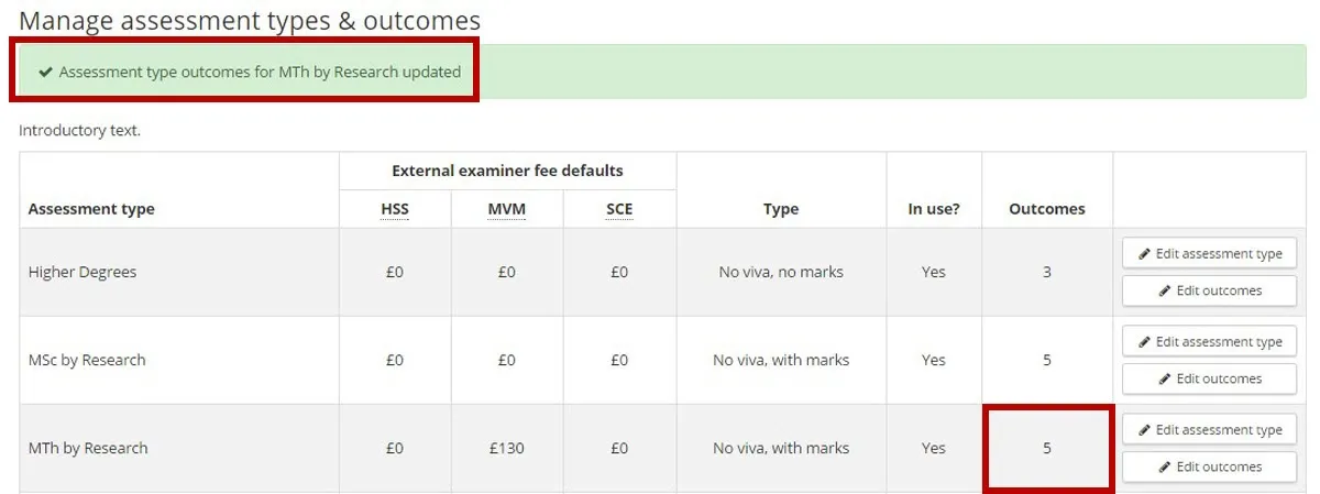 Image of updated outcome list