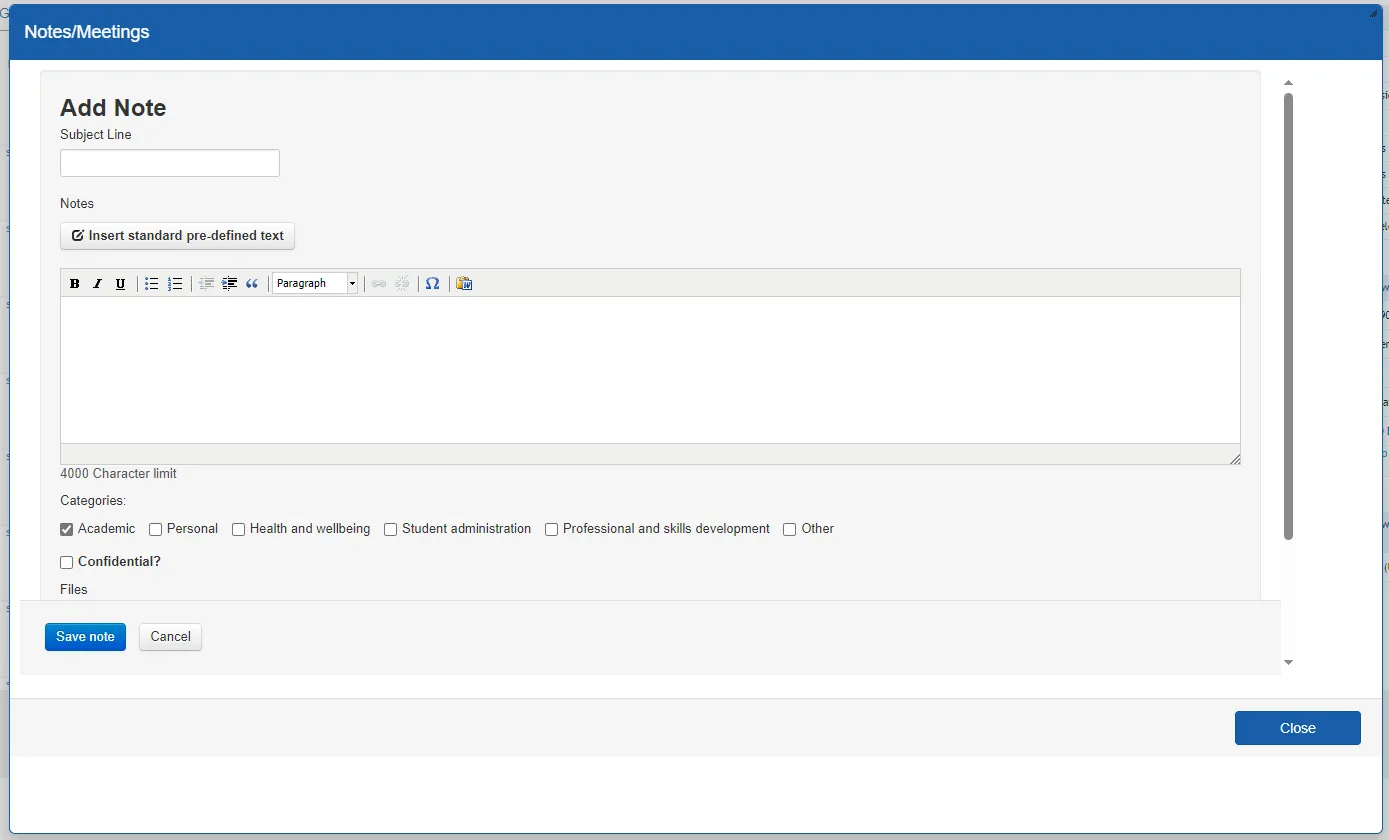 Screenshot of add note screen showing subject line, text box, categories, confidential button, save note and close option. 