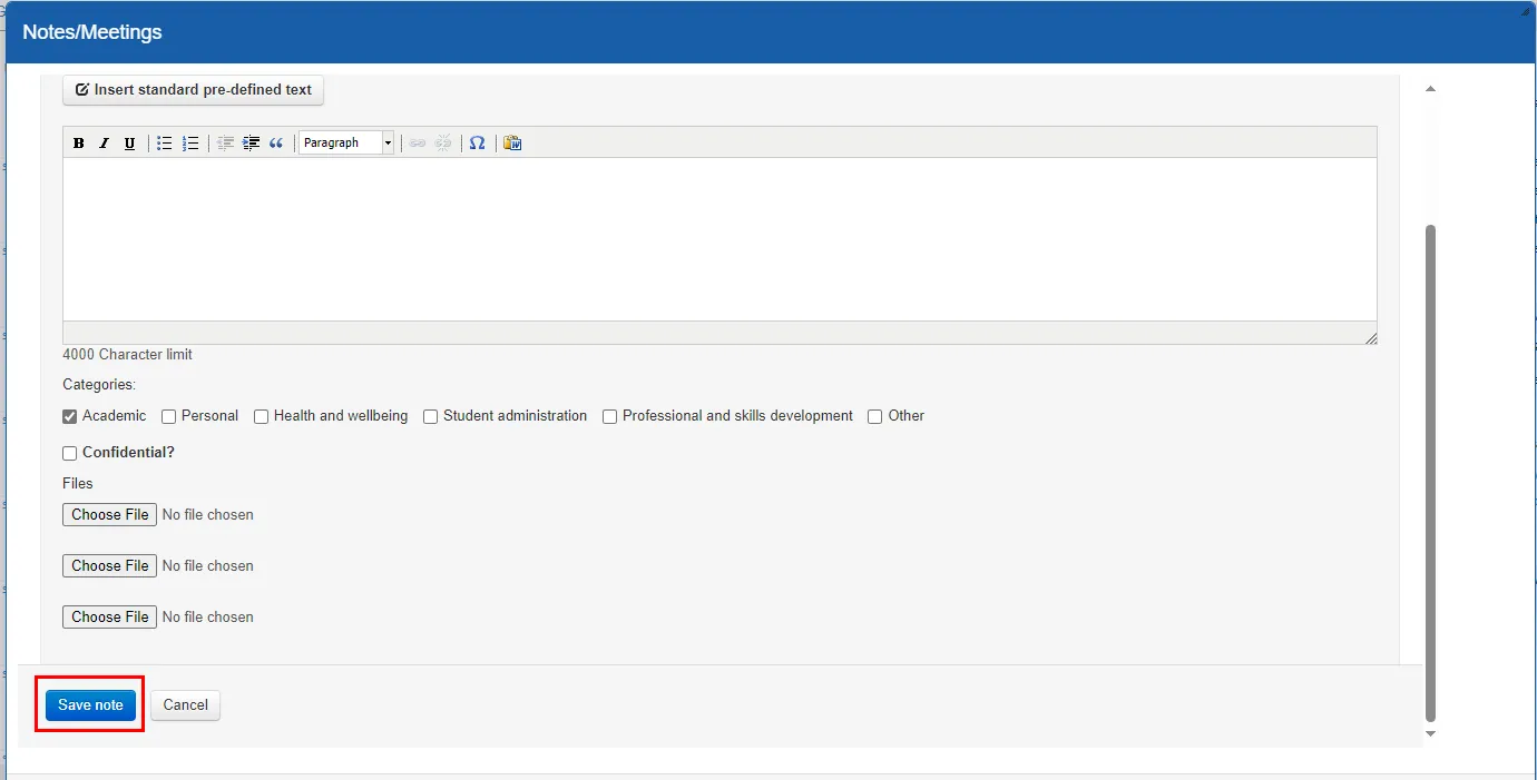 Screenshot of add note screen showing text box, categories, file upload buttons and highlighting Save note button. 