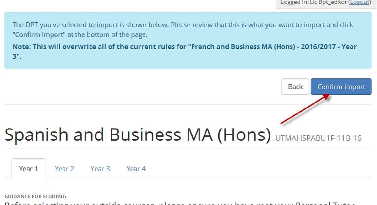 Image of amend dpt import confirm button