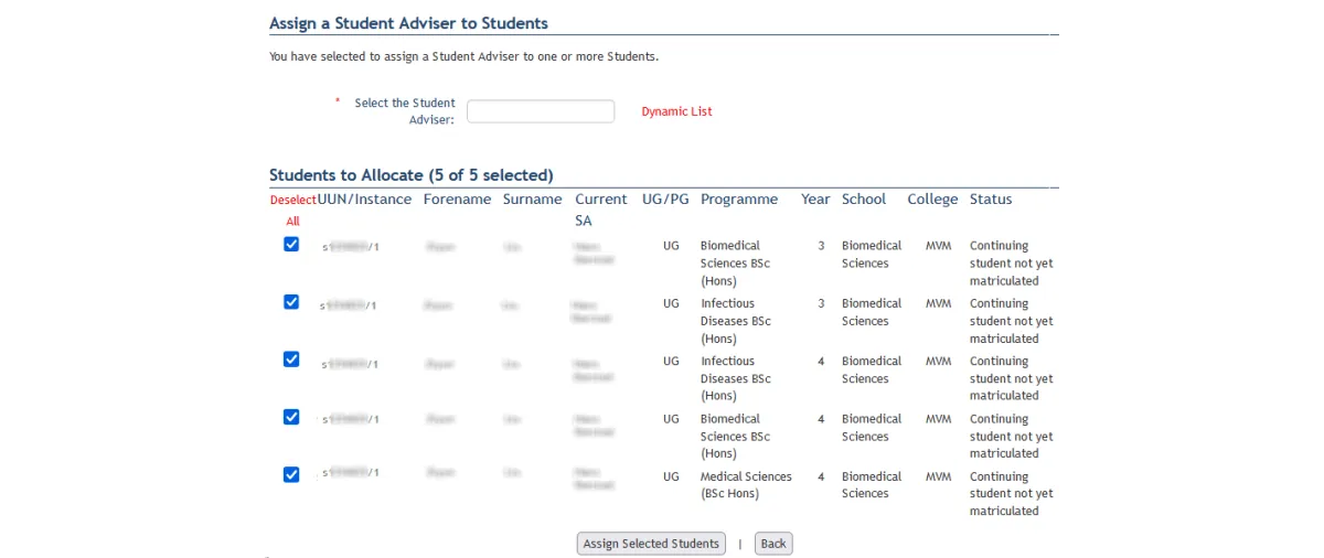 Screenshot of selecting a Student Adviser and assigning the selected students.