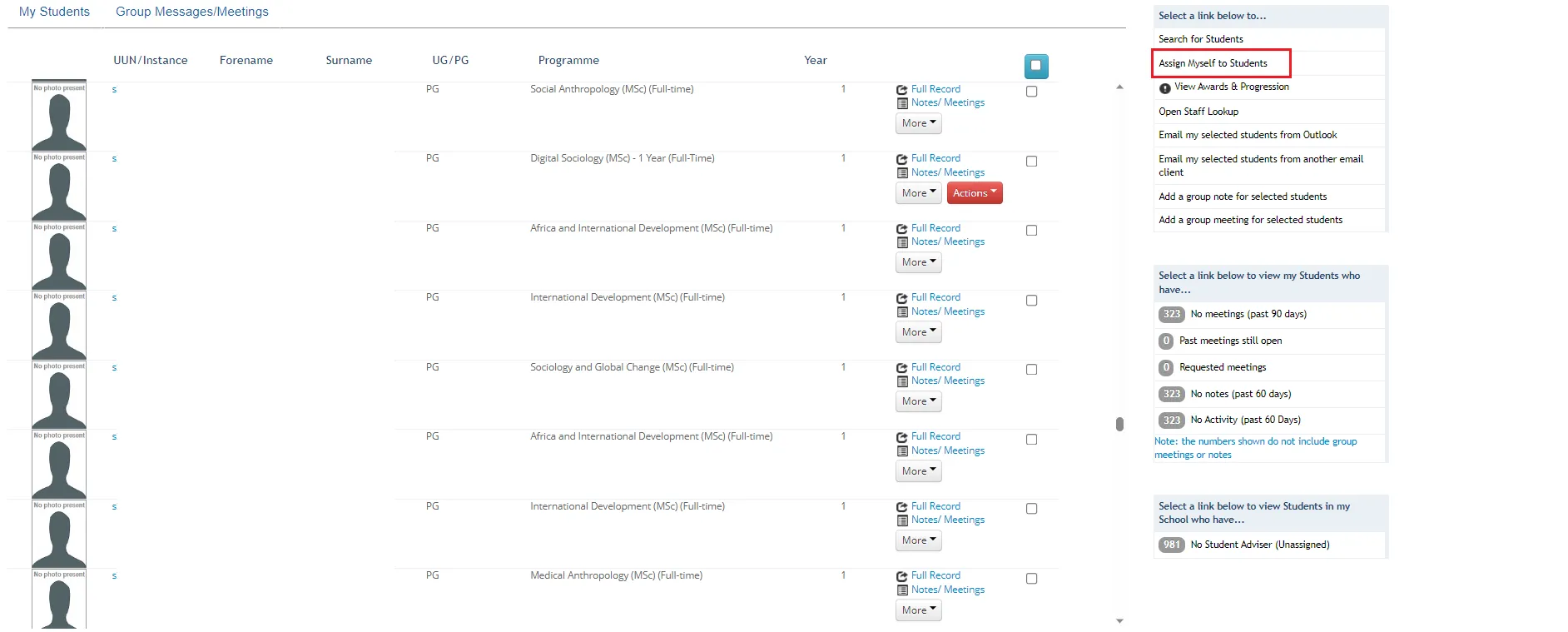 Screenshot of Student Adviser tool in Euclid highlighting Assign myself to students button. 