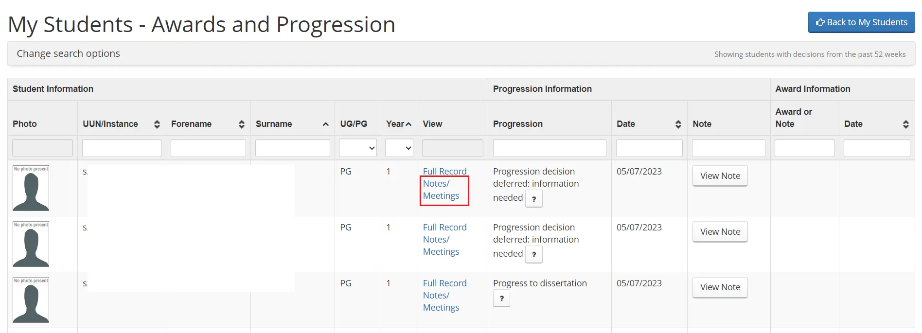 Screenshot of student list within Student Adviser tool highlighting 'View awards & progression button'. 