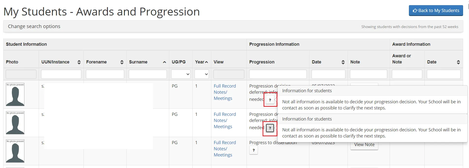 Screenshot of student list within Student Adviser tool highlighting 'View awards & progression button'. 