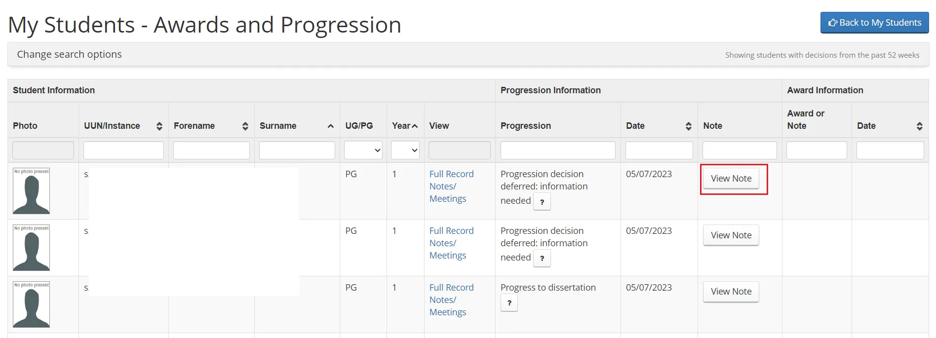 Screenshot of student list within Student Adviser tool highlighting 'View awards & progression button'. 