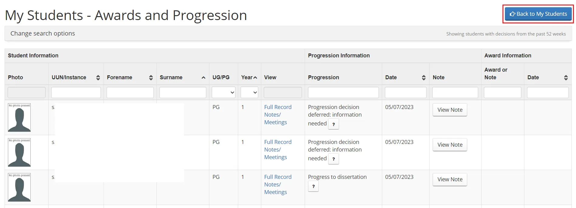Screenshot of student list within Student Adviser tool highlighting 'View awards & progression button'. 