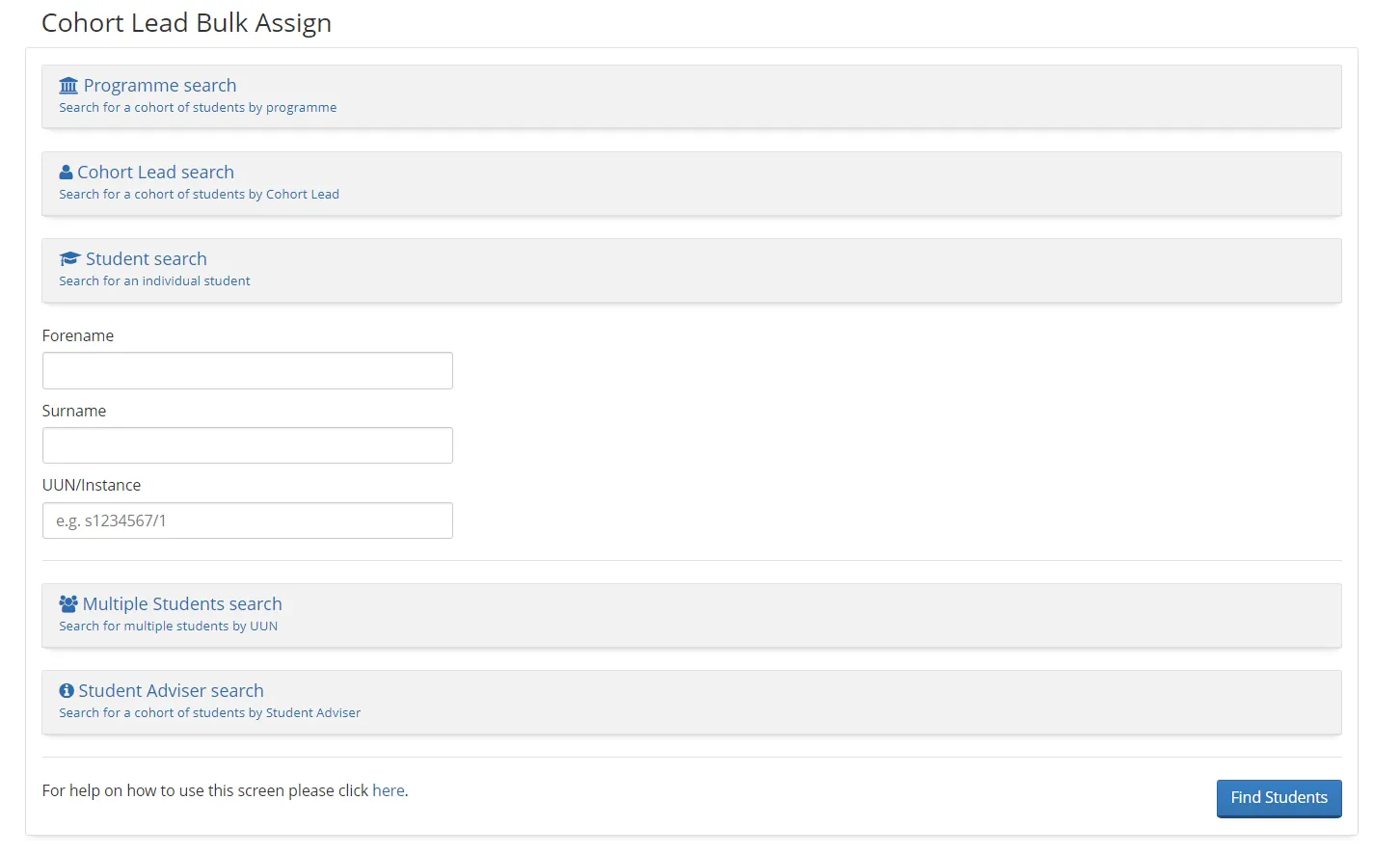 Screenshot showing how to search for individual students.