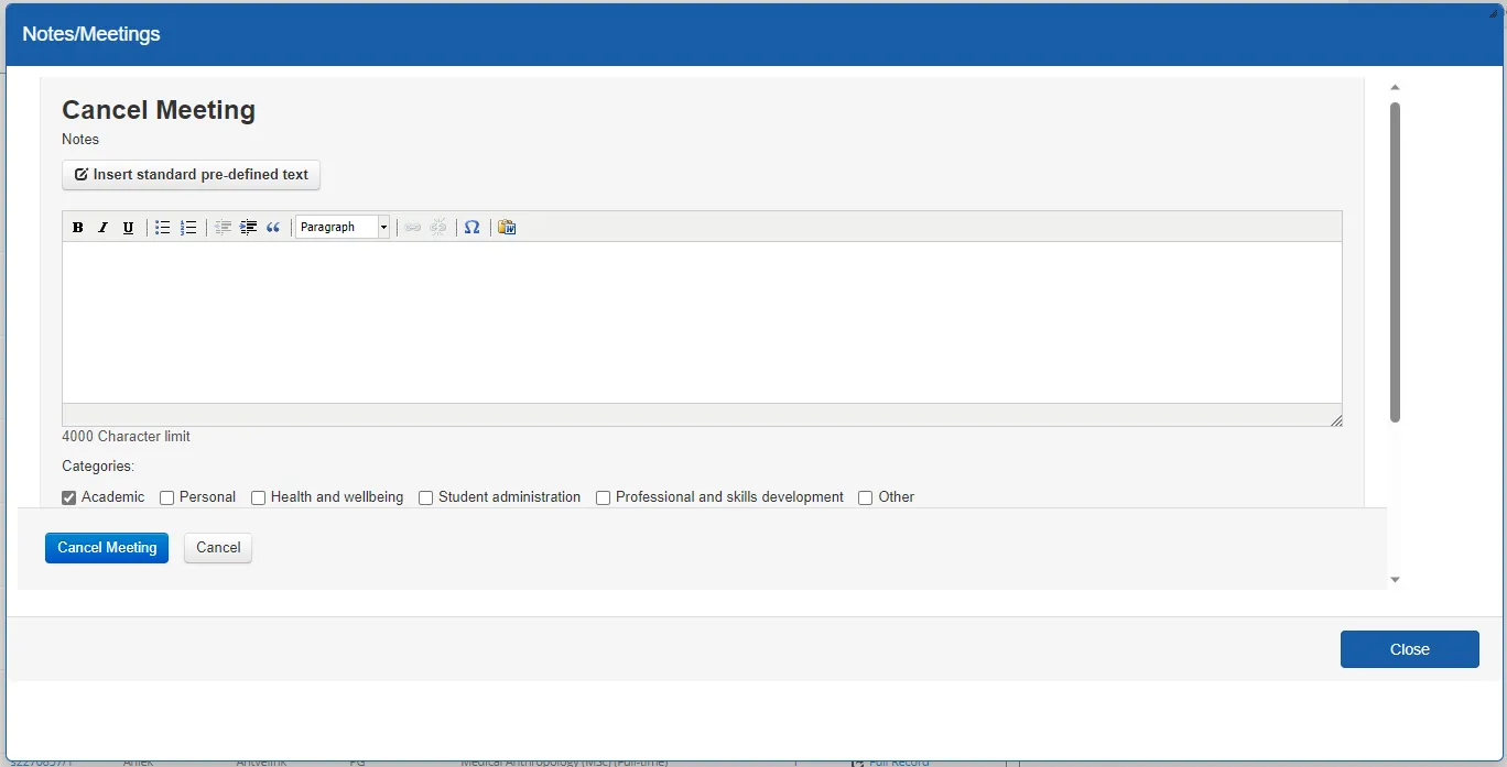Screenshot of cancel meeting window showing the notes sections and the categories. 
