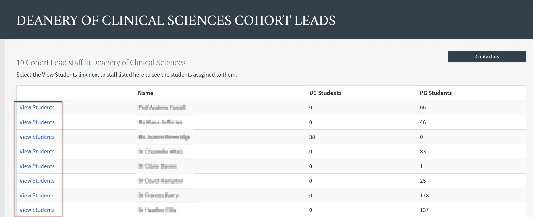 Screenshot of screen listing cohort leads in a specific school with view student buttons highlighted.