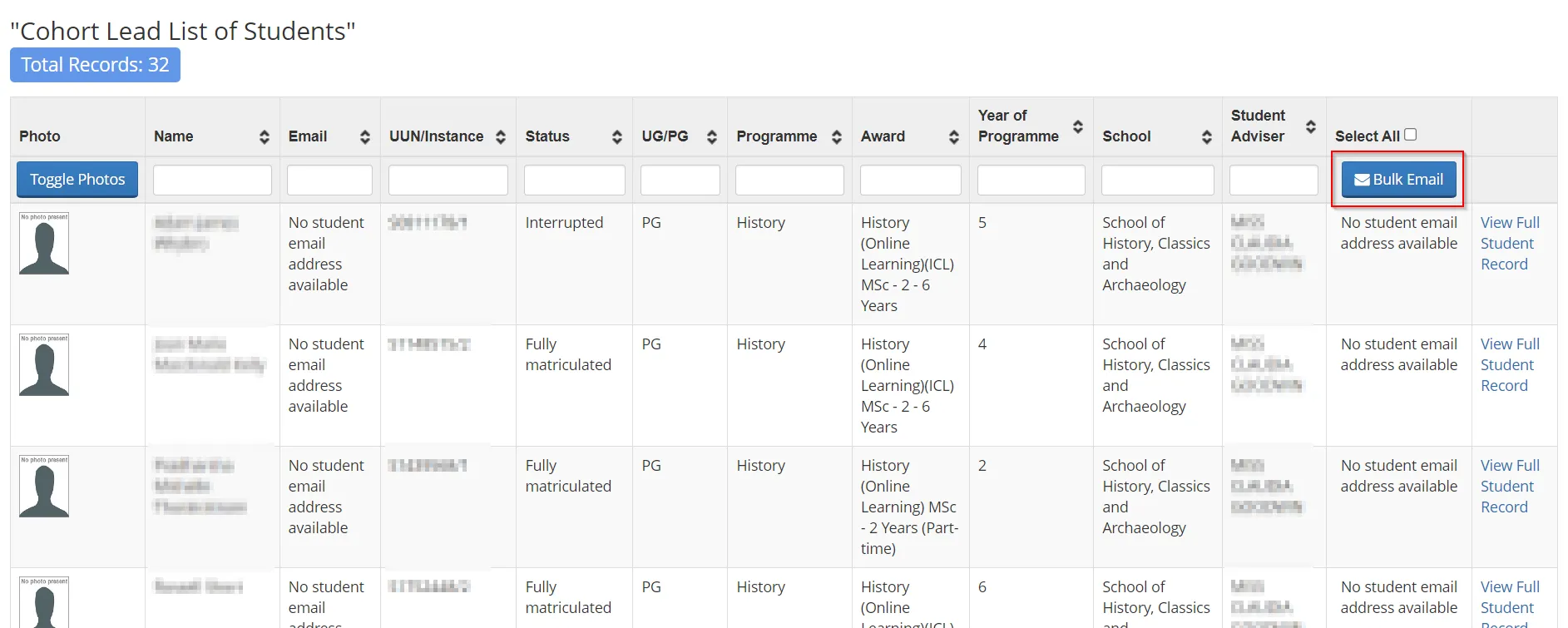 Screenshot of Cohort Lead List of Students page listing the students assigned to the Cohort lead. 