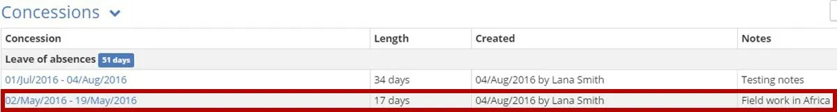 Image of updated concession record list