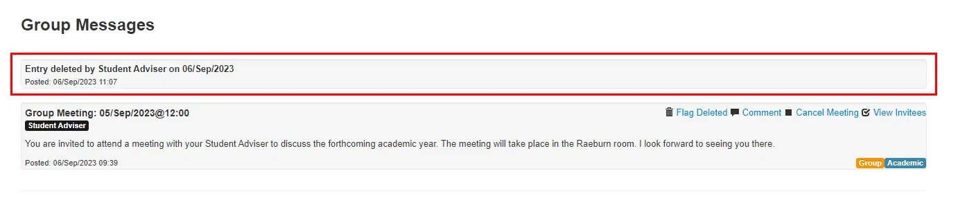 Screenshot of Group messages/meetings screen highlighting the note that has been deleted. 