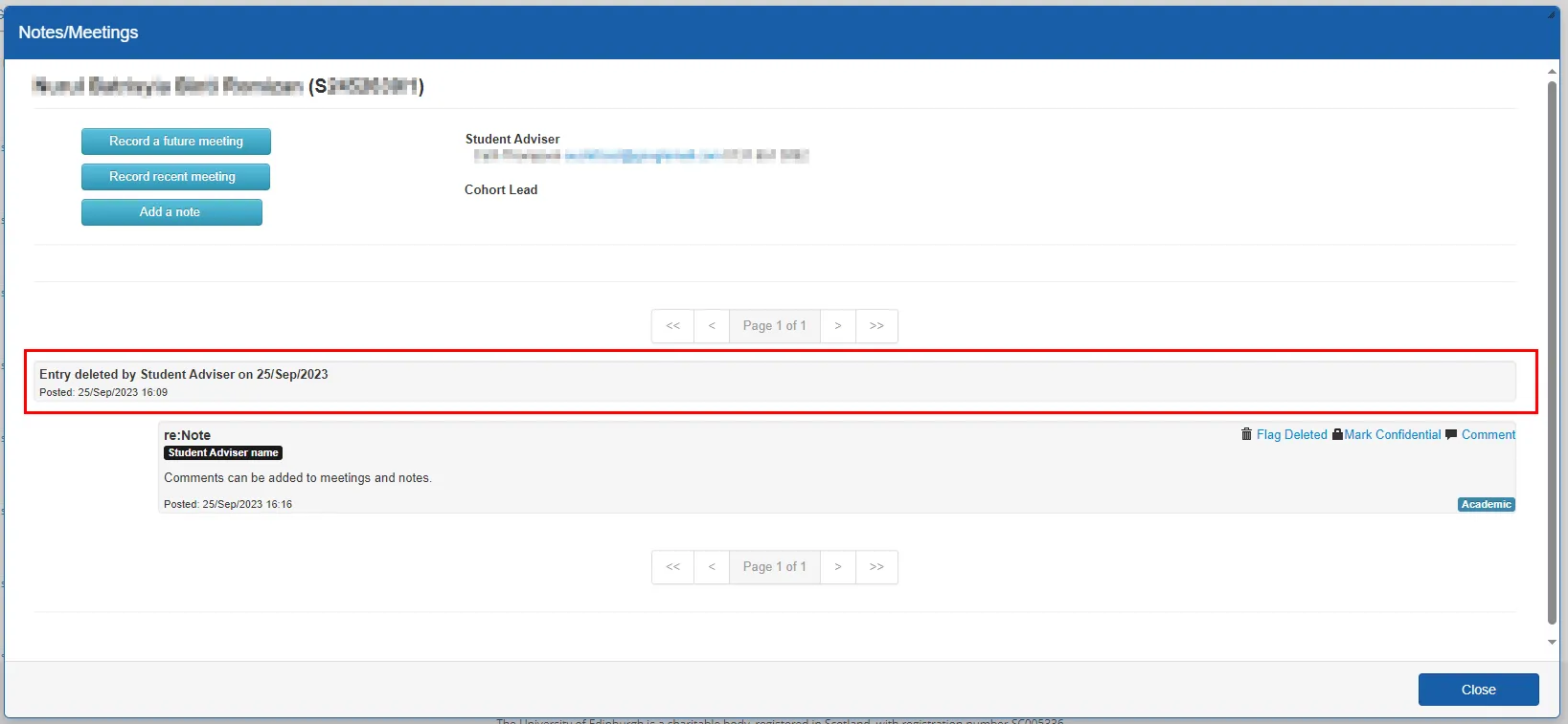 Screenshot of Notes/meetings screen highlighting deleted note. 