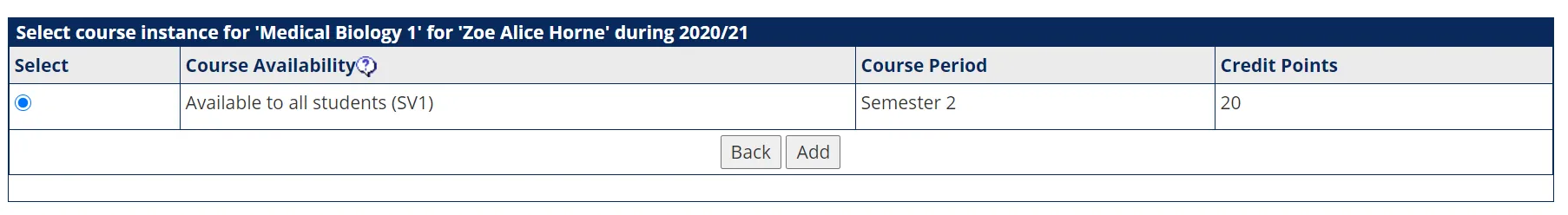 You can choose which instance of a course to add the student to