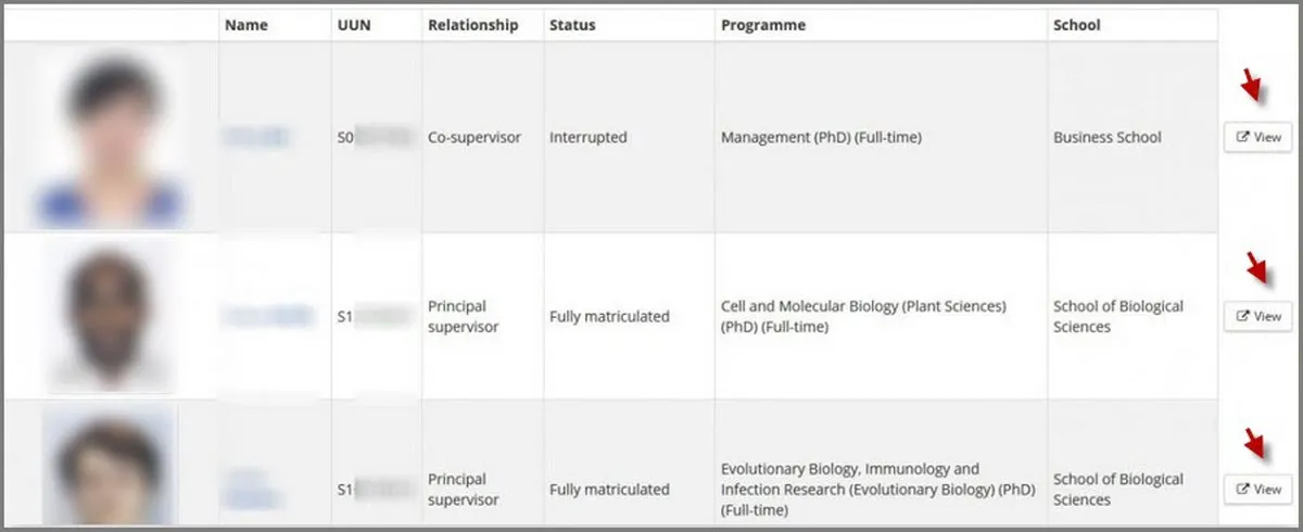 Image of list of students screen
