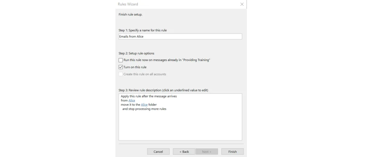 Image showing Finish rule set up in the Rules Wizard in Outlook. It shows fields to add rule name and select turn on this rule. 
