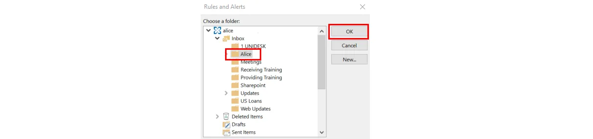Screenshot showing Rules and Alerts box with list of available folders. Folder Alice is highlighted as well as OK button. 