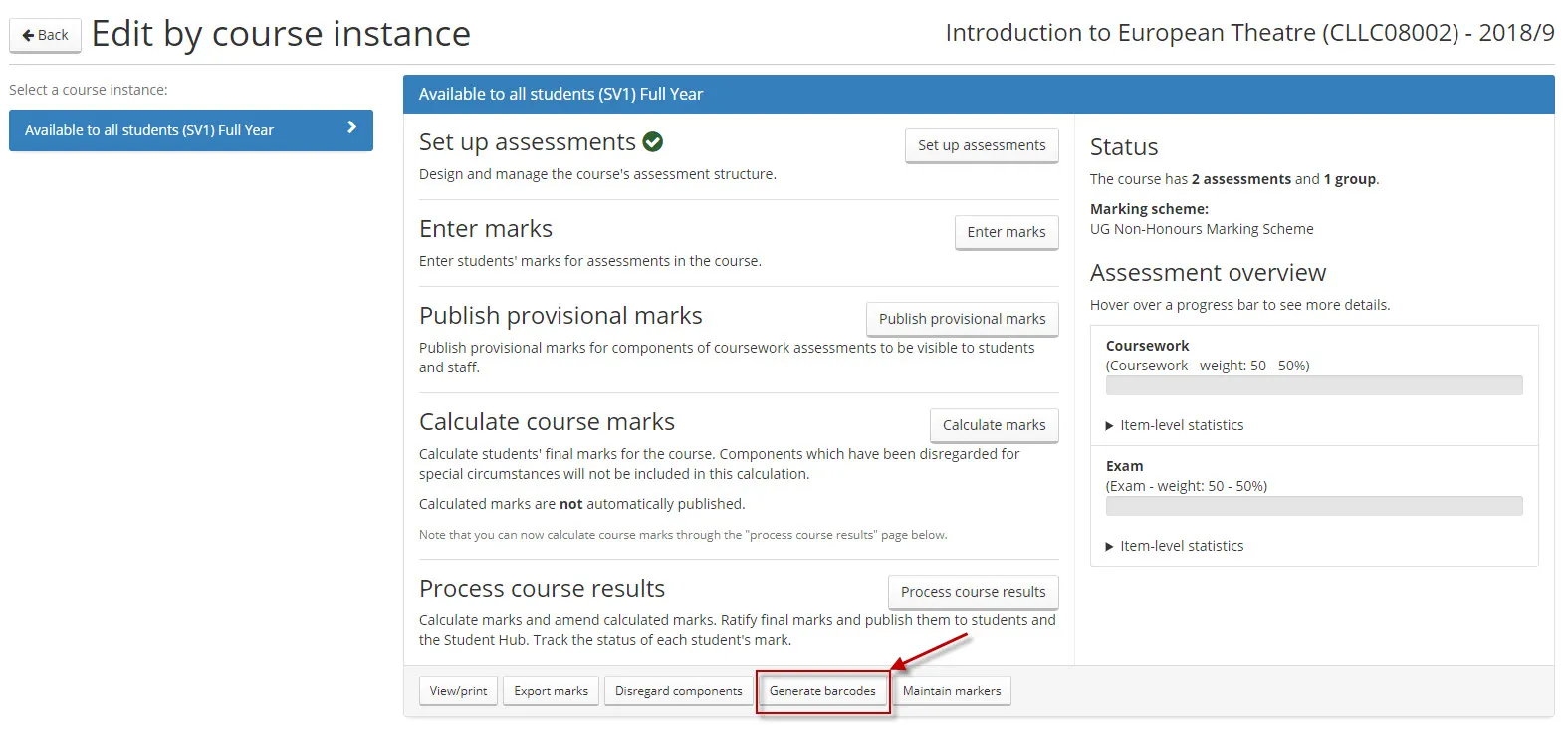 Generate barcodes location Assessment hub
