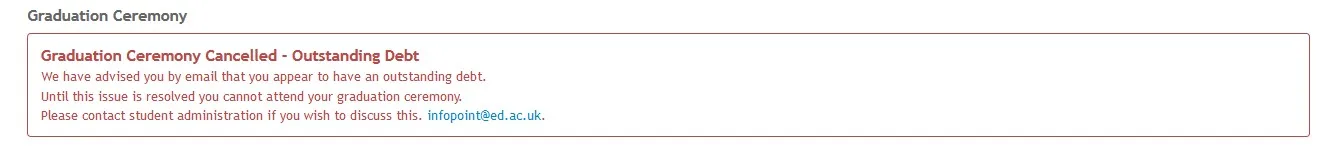 Image of graduations register cancel outstanding debt page