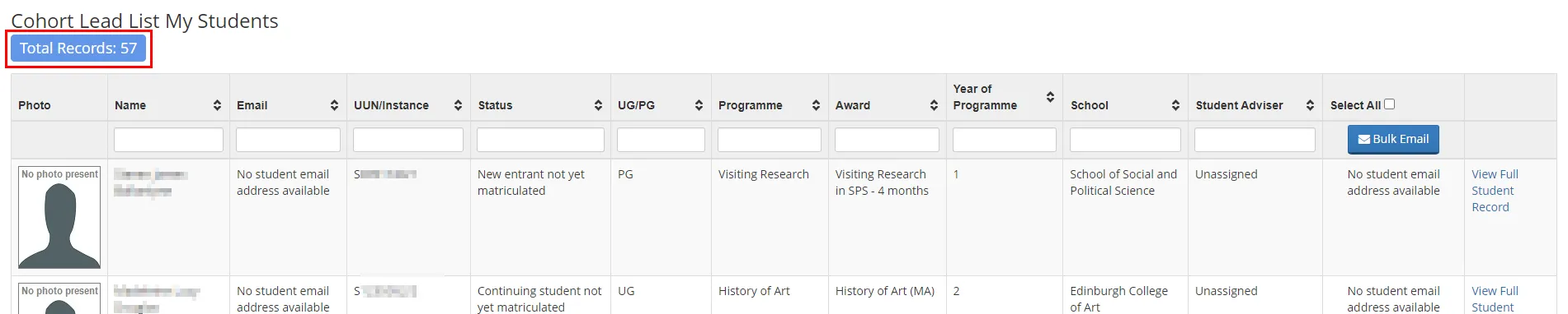 Screenshot of List my students page highlighting Total Record count. 