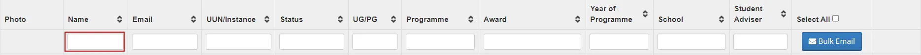 Screenshot showing headers of the columns on the List My Students screen highlighting the filter fields under each header. 