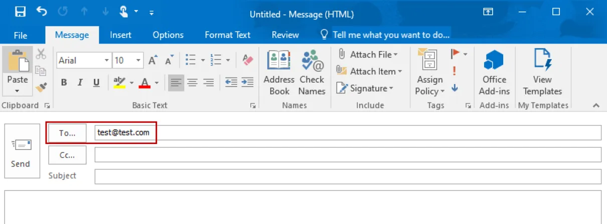 Screenshot of Outlook email that is created when sending an email to an individual student highlighting the To field. 