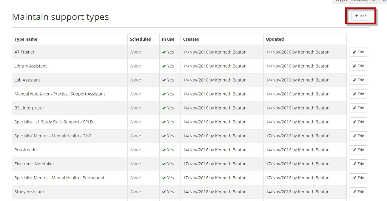 maintain support types main page add