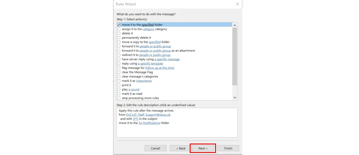 Screenshot of Rules Wizard in Outlook highlighting move to specified folder option and the Next button.