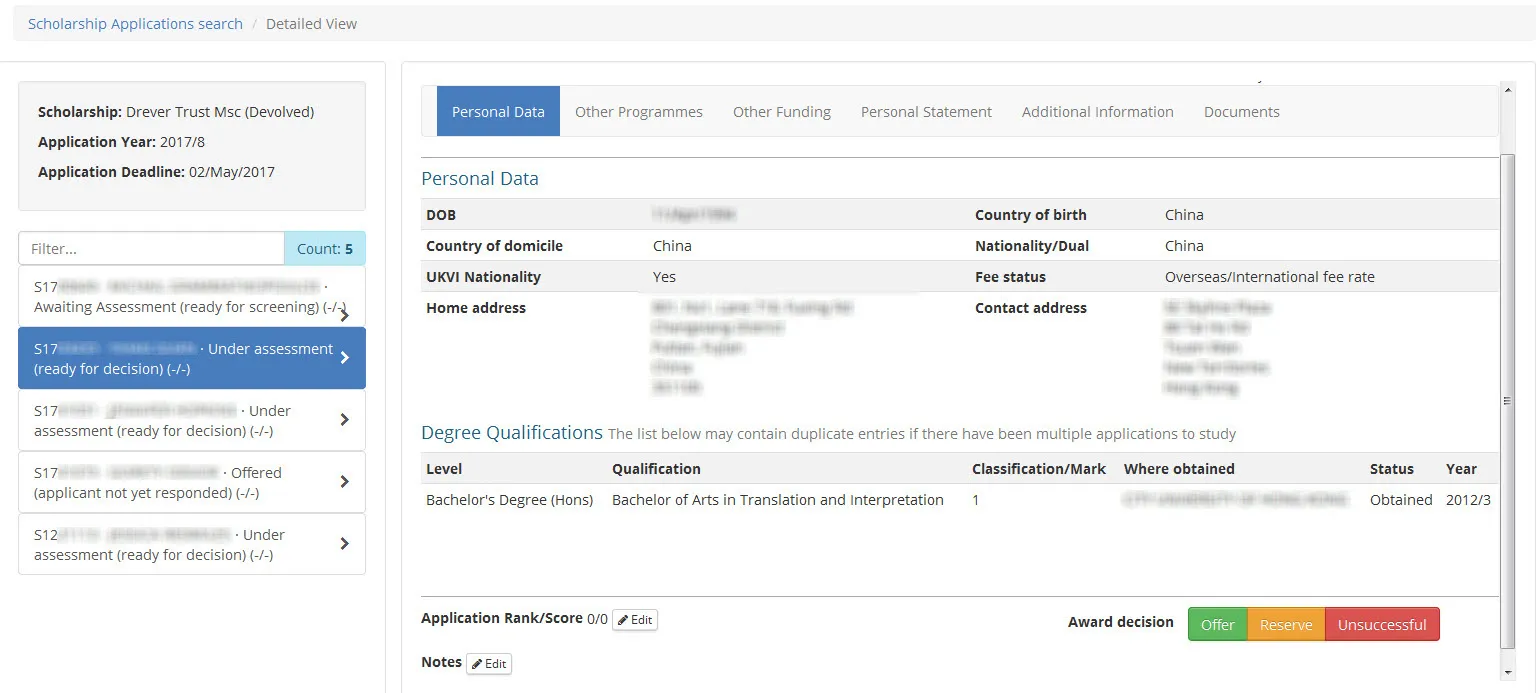 Image of scholarships application with decision button