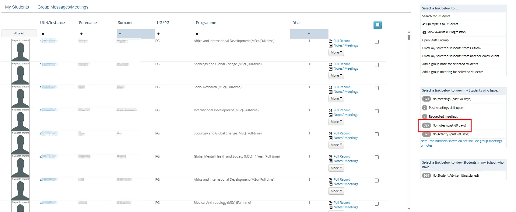 Screenshot of Student Adviser tool in Euclid highlighting No Notes button on right of screen. 