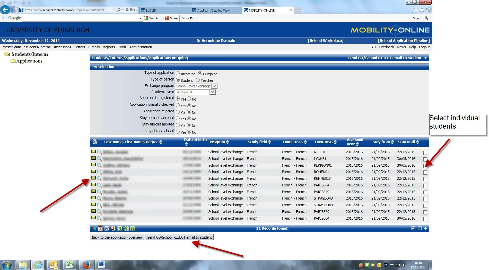 Image of the reject applications screen