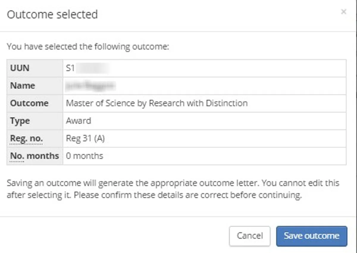 Image of outcome selected pop up screen