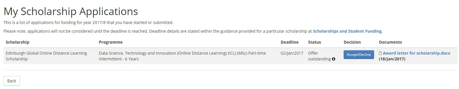 Image of the student view of an offer of award