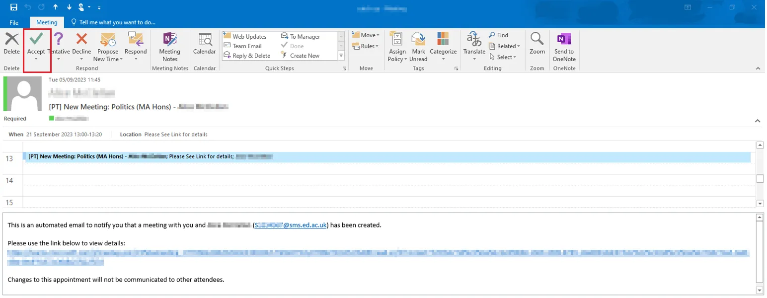 Screenshot of Outlook invite that is sent to the Student Adviser once a meeting has been set up in Euclid. 