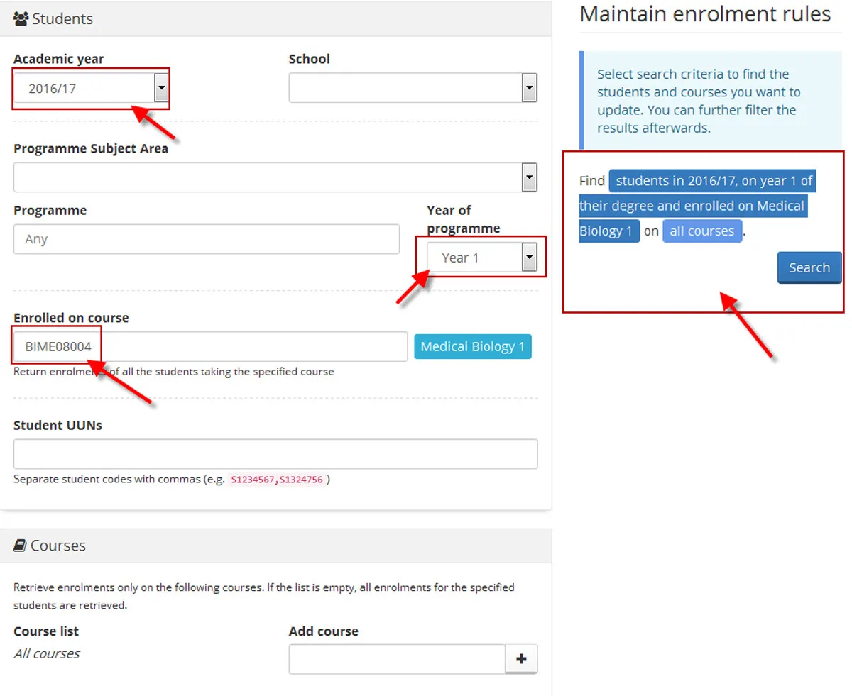 Image of maintain course rules retrieval screen