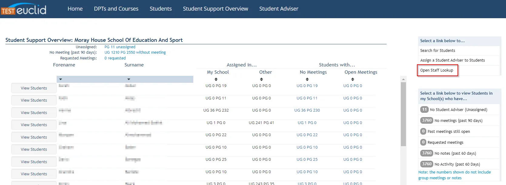 Screenshot showing Student Support Overview screen highlighting the Open Staff Lookup button. 