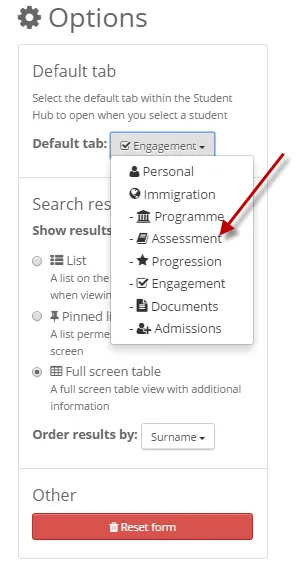 Student hub default tab