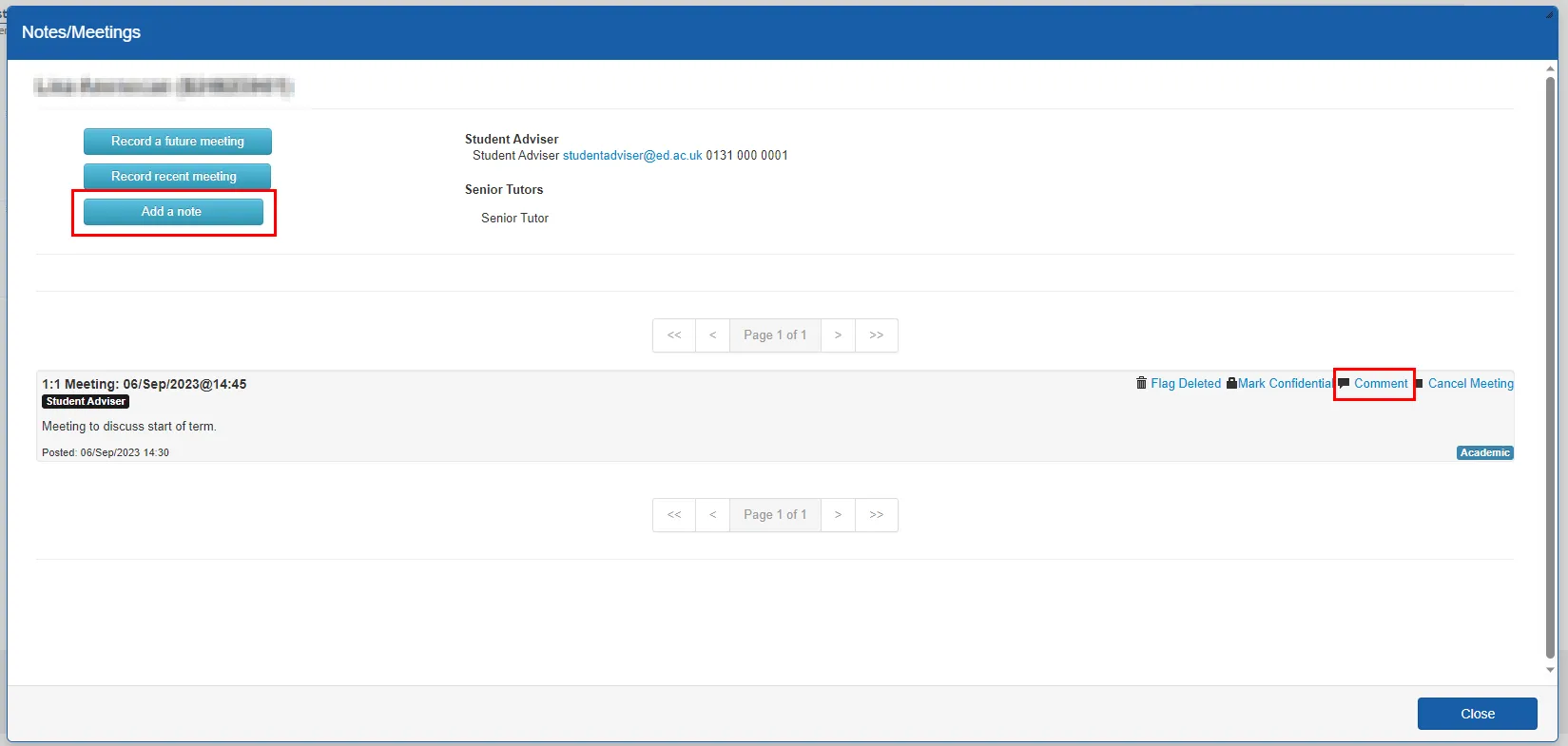 Screenshot of Notes/Meetings window highlighting Add a note button and Comment button on existing 1:1 meeting. 
