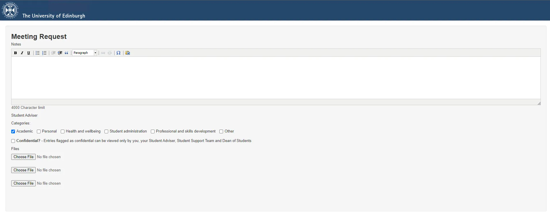 Screenshot showing how to request a meeting including fields to add notes, reason for meeting, confidentiality and documents. 
