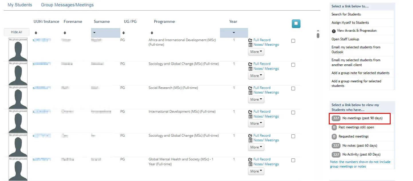 Screenshot of Student Adviser tool in Euclid highlighting No meetings (past 90 days) button. 