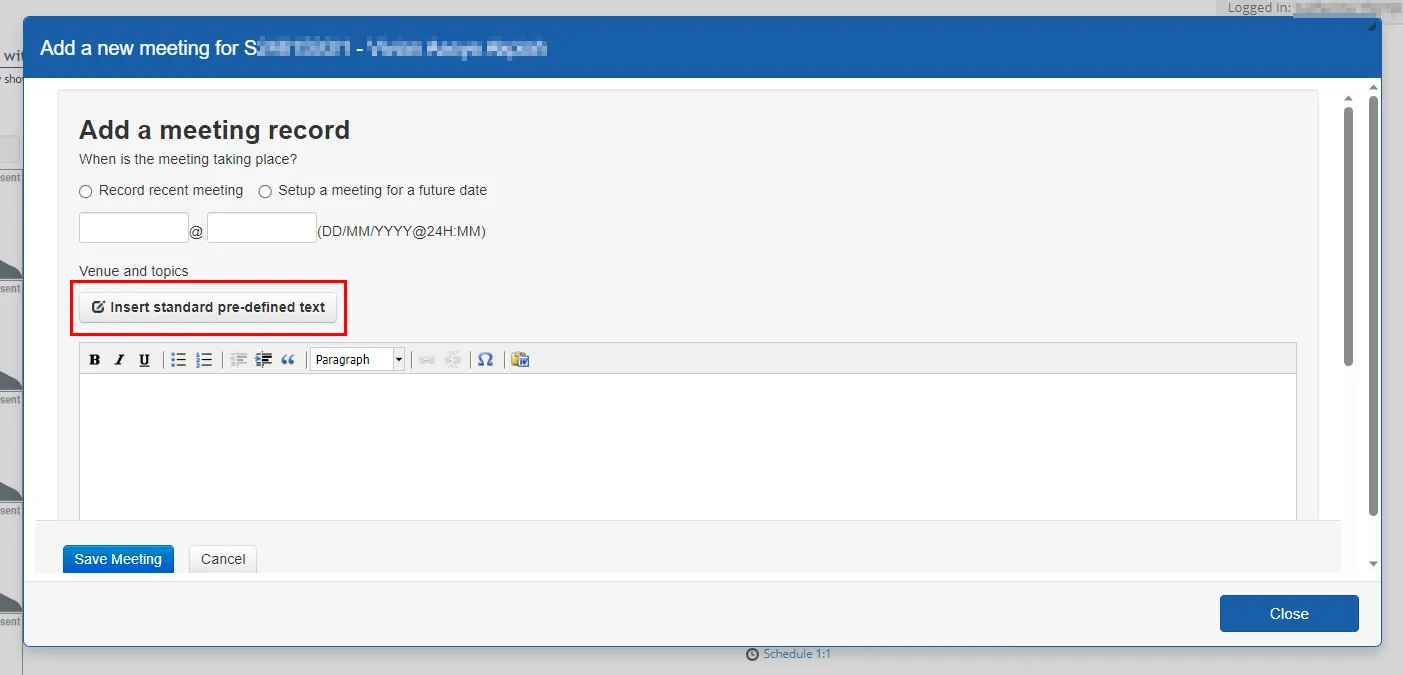 Screenshot of Add a new meeting pop up highlighting Insert standard pre-defined text button. 