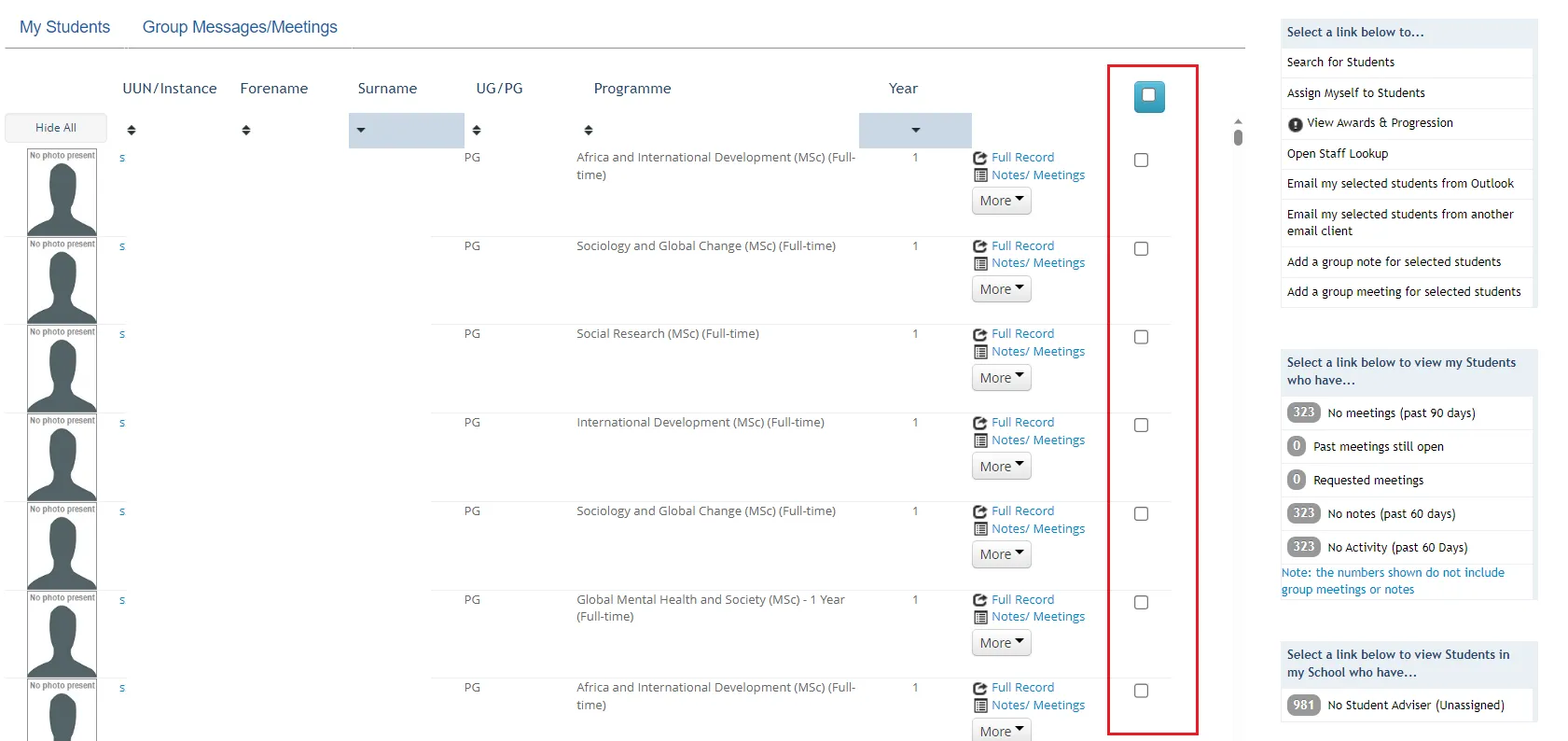 Screenshot of student list within the student adviser tool showing where radio buttons are to select students from the list. 