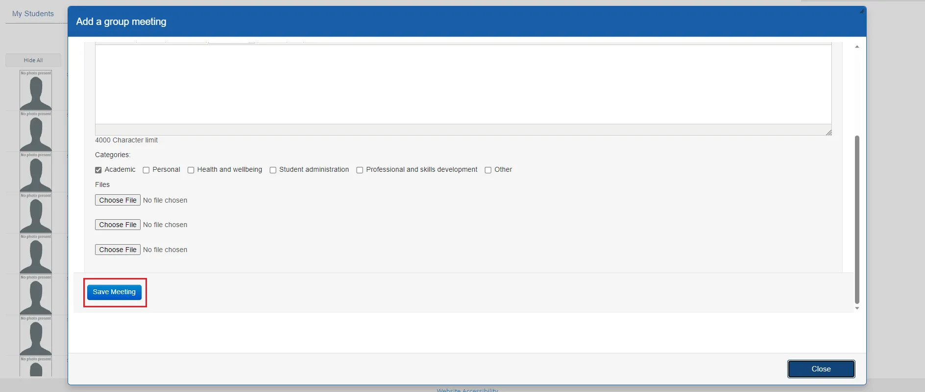 Screenshot of group meeting pop up showing where you can add the rest of the invitation information (scrolled down). 