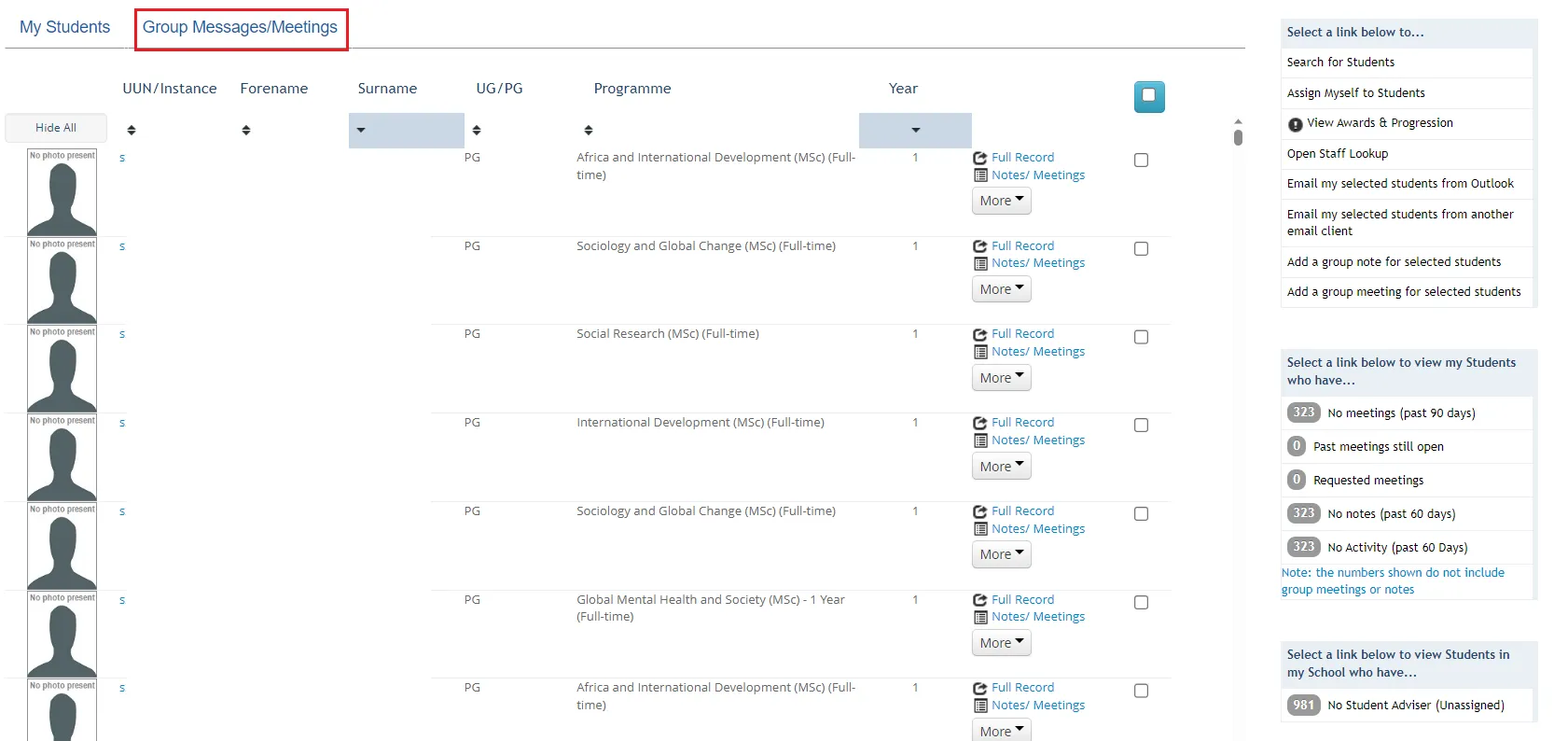 Screenshot of Student Adviser tool in Euclid highlighting Group Messages/Meetings button. 