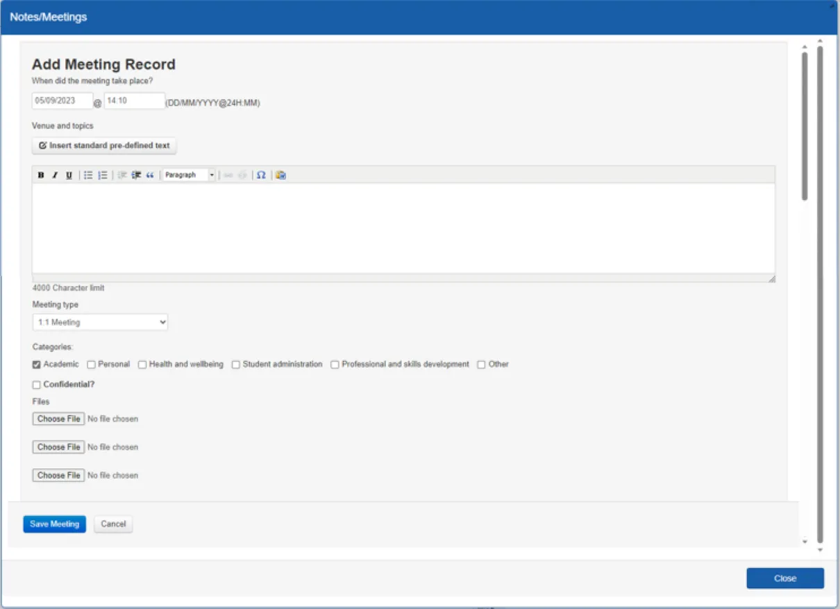 Screenshot of Add Meeting Record screen showing fields for date, time, venue, topic, category, confidentiality and documents.