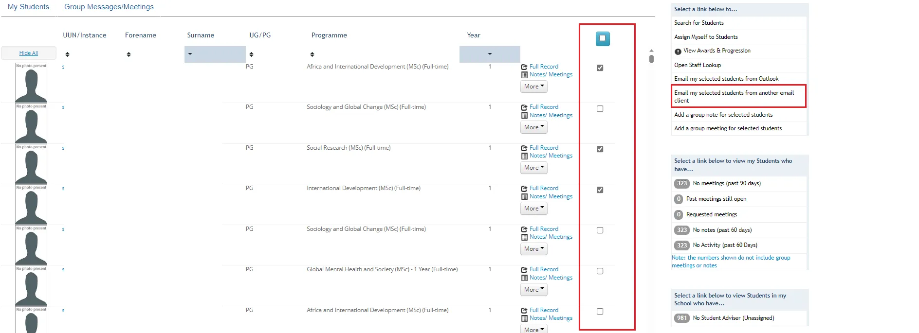 Student Adviser tool screen highlighting selected students and the Email my selected students from another email client button. 