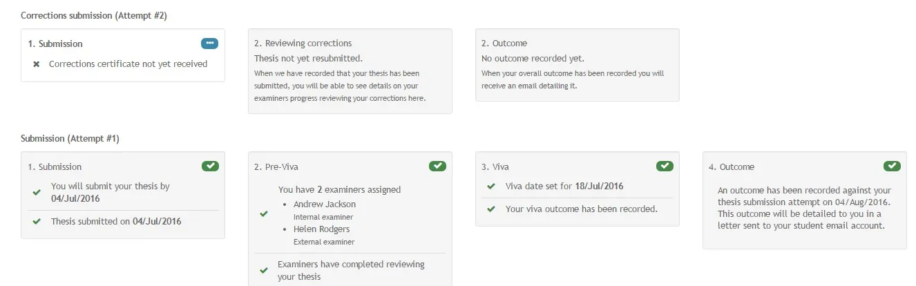 Image of Student Self serve MyEd channel displaying a correction to the thesis workflow for attempt 2